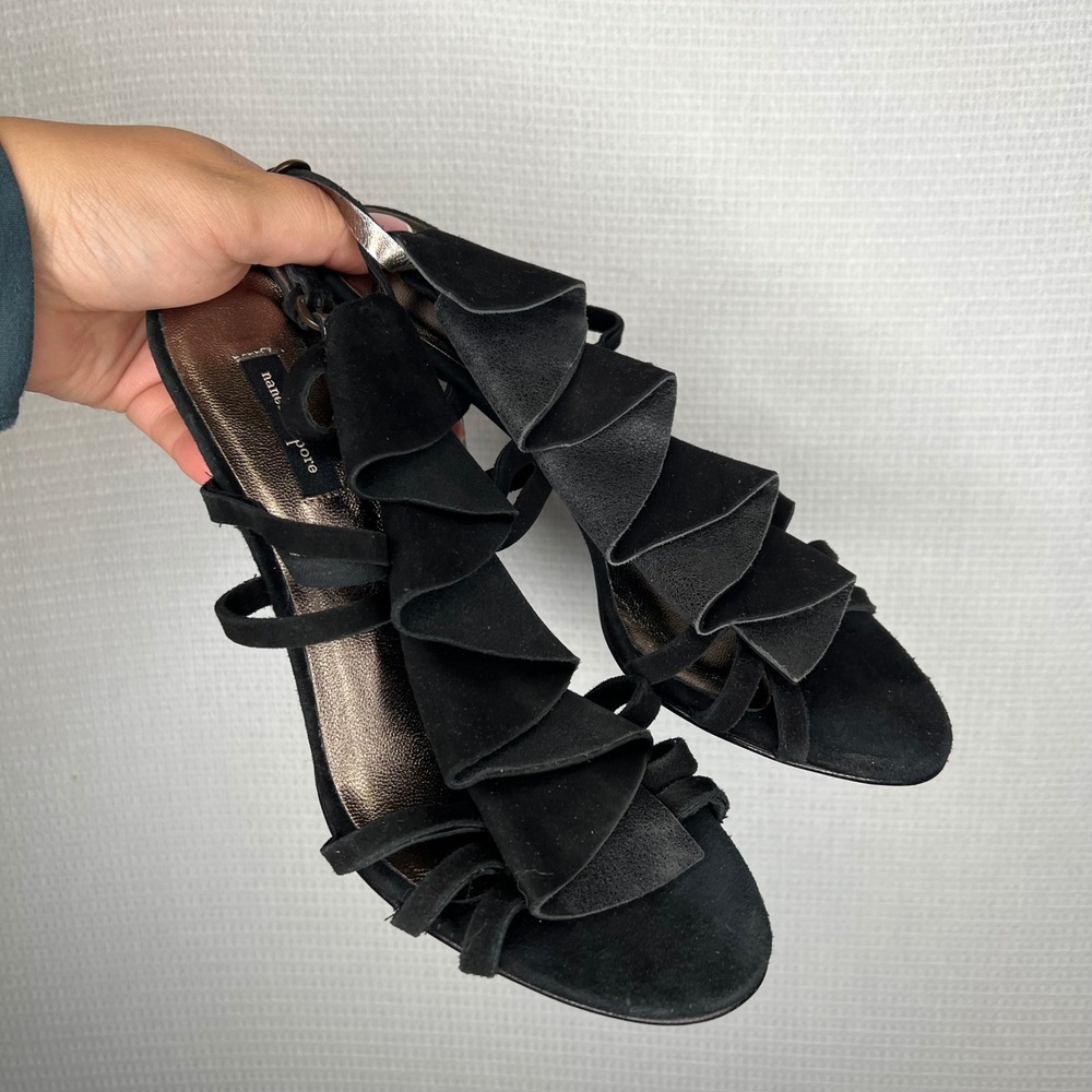 Nanette Lepore‎ Black Suede Ruffle Strappy Heels Sandals Women's Size 9.5